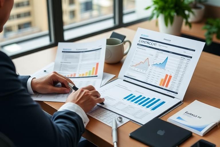 Acquisitions manager reviewing property deals and investment contracts at desk