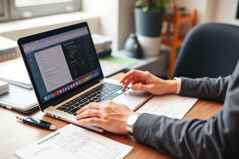 Bookkeeper organizing real estate financial records on laptop with accounting software