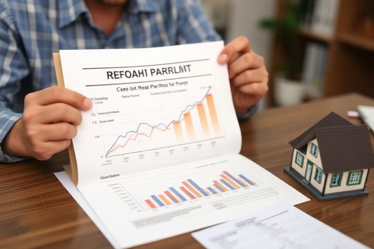 Homeowner reviewing cash-out refinance documents with equity growth chart