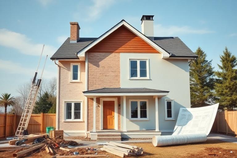 House being renovated for flipping with construction tools and blueprints