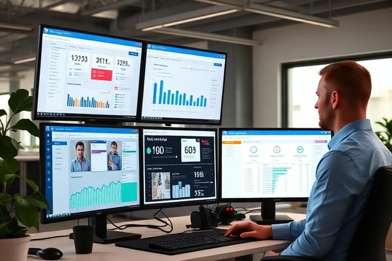 Real estate manager using lead management software on multiple screens with CRM analytics