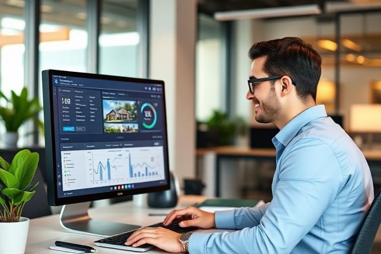 Lead manager working at computer with CRM dashboard showing real estate leads