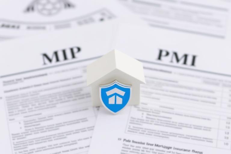 Mortgage insurance MIP and PMI comparison documents with house model
