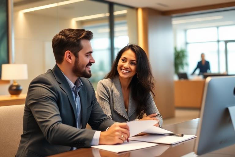 First-time homebuyer couple meeting with mortgage loan officer to discuss options